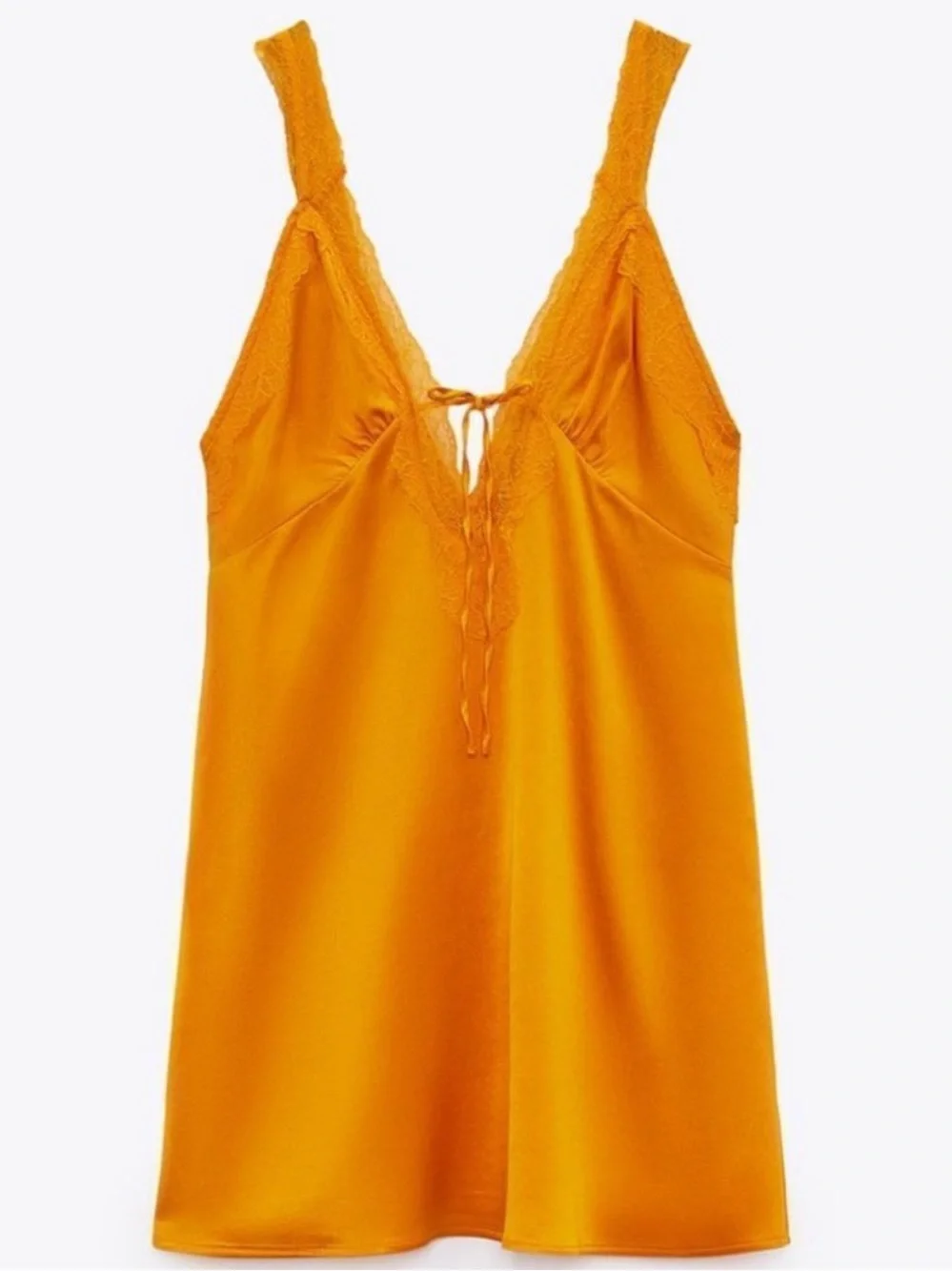 ZARA Orange Satin Silky Lace Trim Slip Dress Mini Dress Bold Bright Front Tie M - Picture 9 of 9